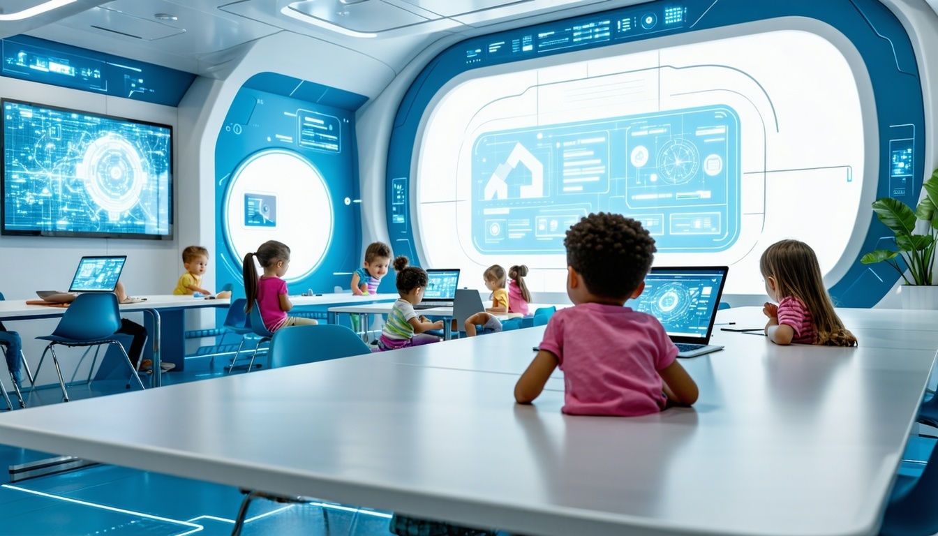 A bright, futuristic classroom where students are