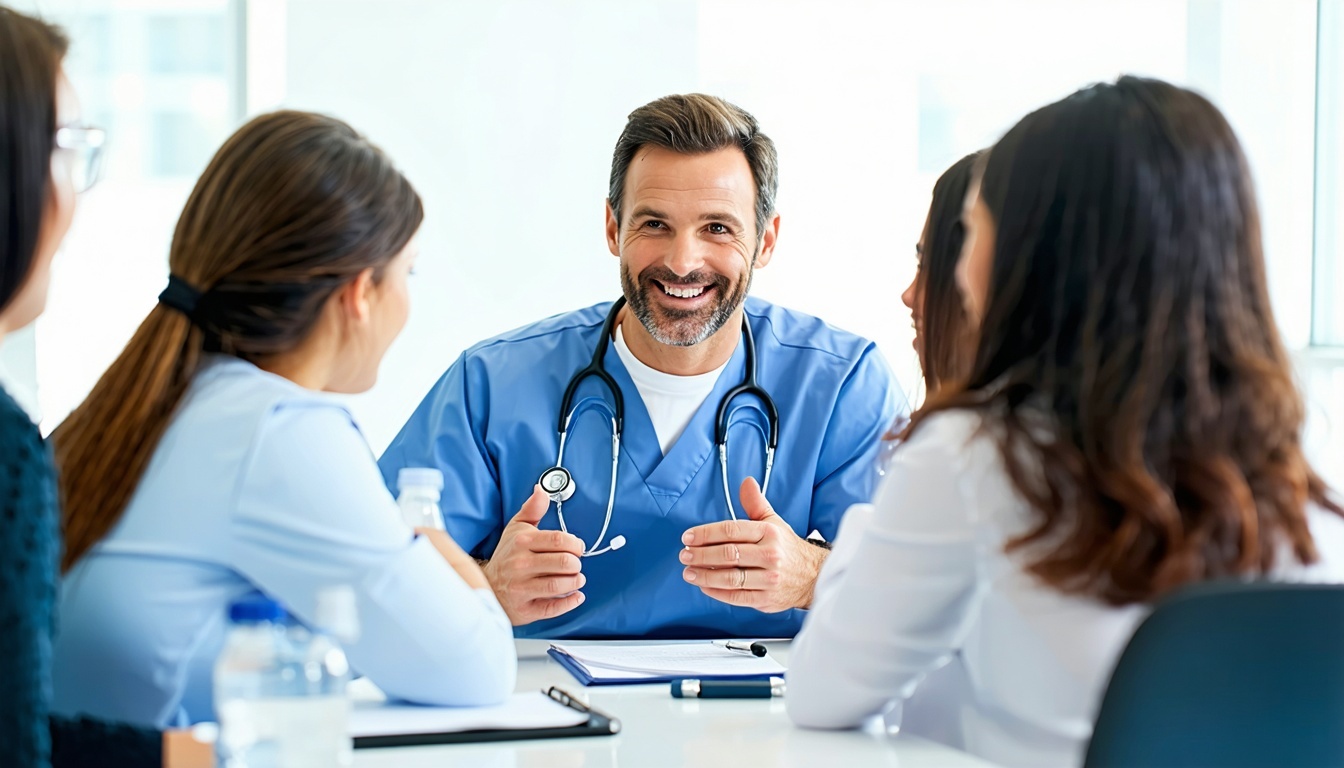 A confident healthcare leader engaging with team m