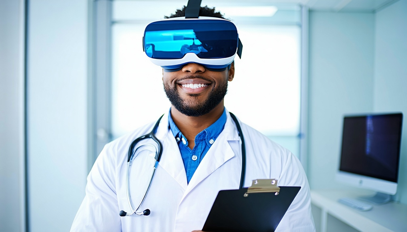 A doctor wearing VR glasses while holding a clipbo