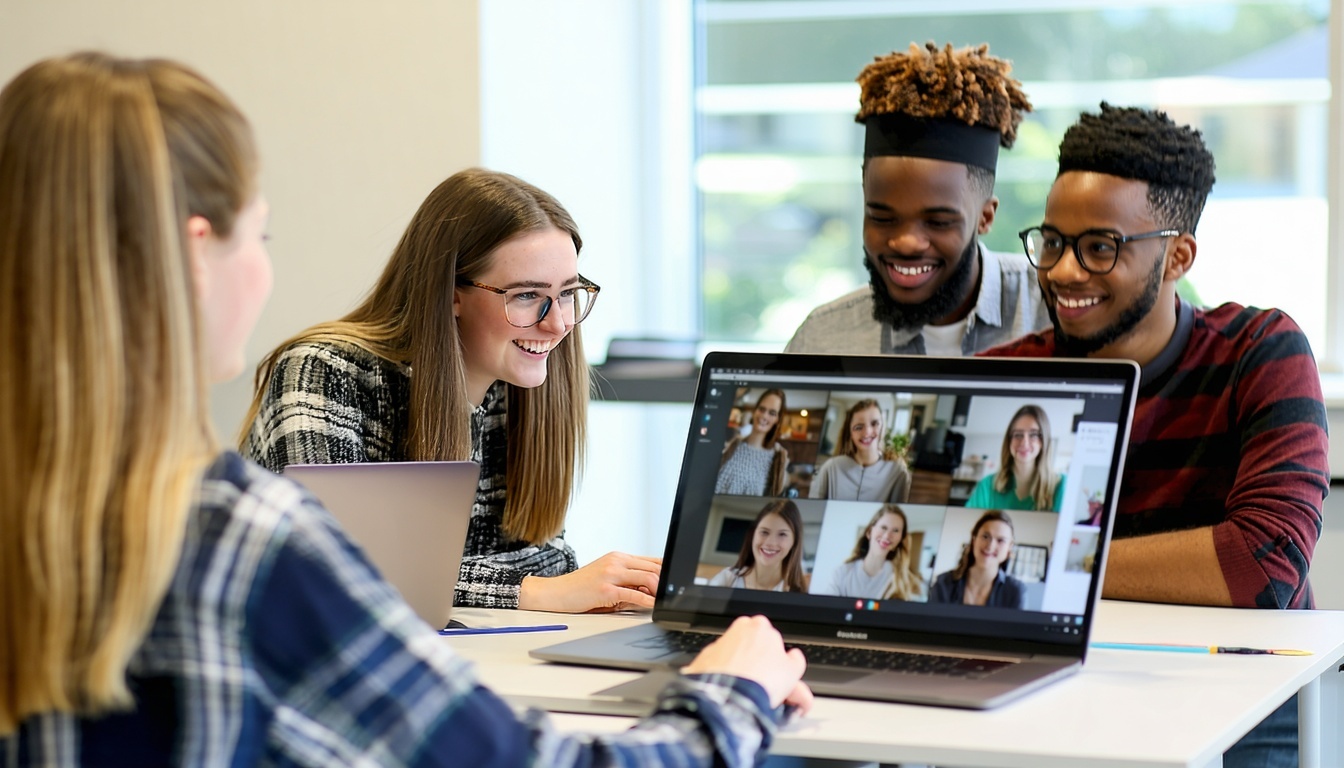 A group of diverse students engaging in an online