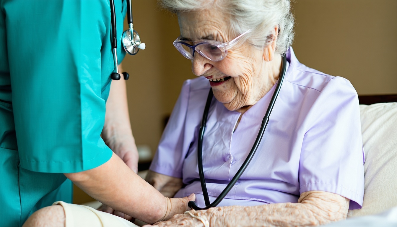 A healthcare worker assisting an elderly patient,
