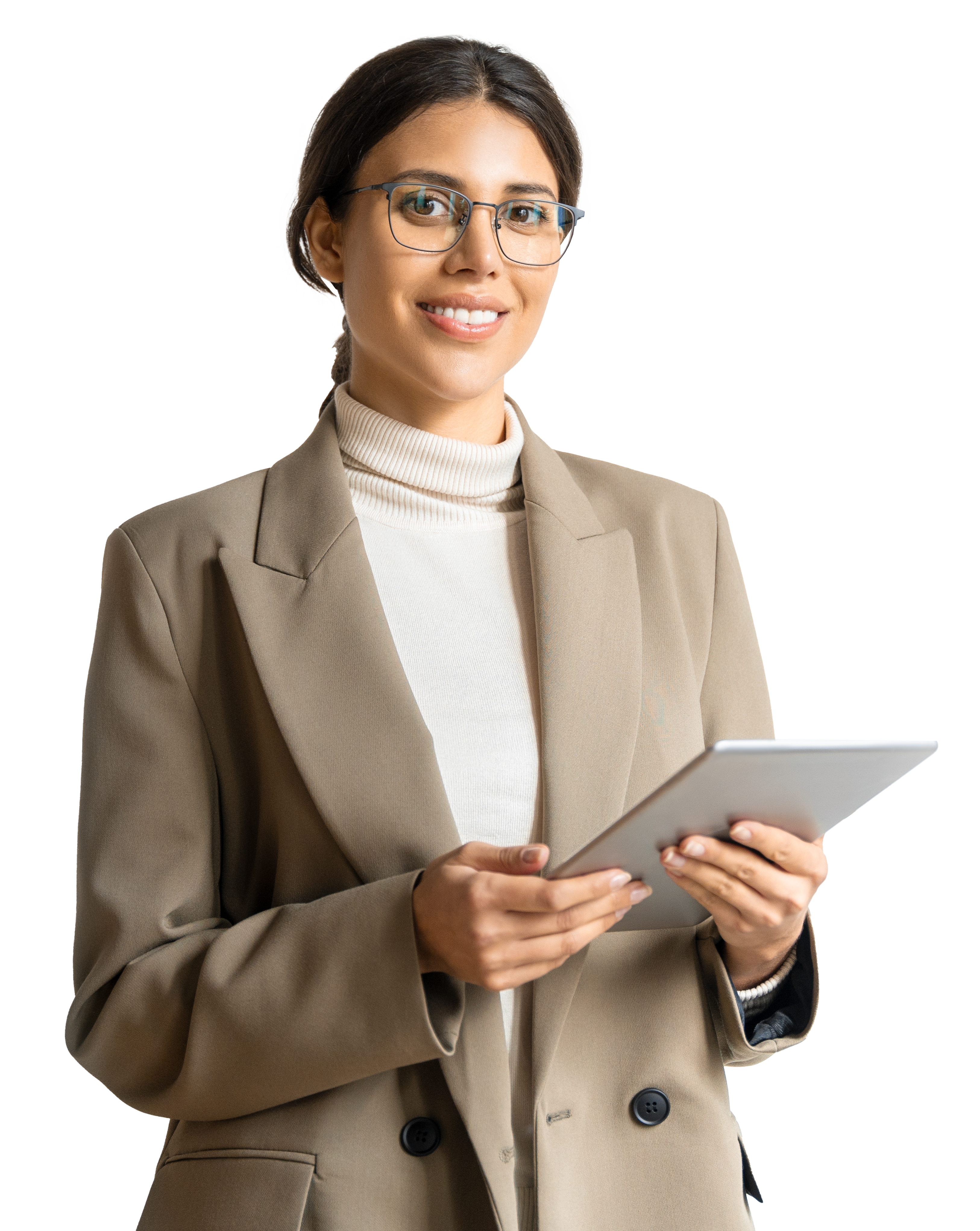 women smiling with tablet in her hand 